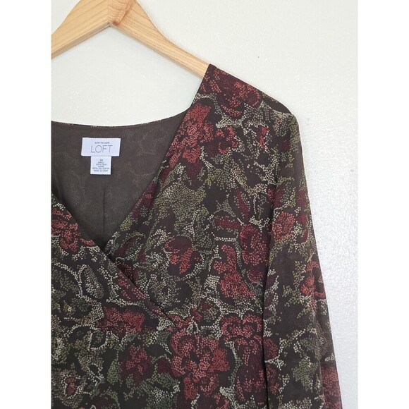 Ann Taylor LOFT Womens Top Blouse Long Bell Sleeve Floral Silk Size 14 Brown - Picture 3 of 10